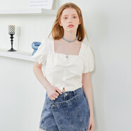 樂(lè )町白色花苞短袖上衣新款可愛(ài)甜美少女風(fēng)方領(lǐng)顯瘦全棉雪紡衫 白色（現貨） S