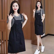忻依美假兩件連衣裙女2025夏季新款氣質(zhì)減齡顯瘦背帶裙拼接假兩件裙子 黑色拼條紋 2XL 135-150斤