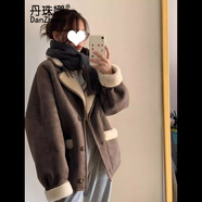 丹珠娜羊羔絨外套女2024秋冬新款短款加厚皮毛一體機(jī)車服夾克羊羔毛上衣 咖色 S