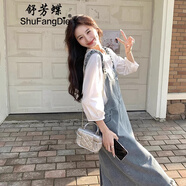 舒芳蝶（shufangdie）連衣裙女裝2025秋季新款收腰顯瘦時(shí)尚學(xué)院風(fēng)牛仔背帶裙套裝裙女夏 白T恤+背帶裙 S