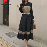 皮爾卡丹（pierre cardin）韓版大碼女裝長(cháng)袖圓領(lǐng)針織拼色大擺連衣裙束腰修身假兩件打底長(cháng)裙 黑色 2XL