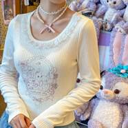 森女部落原創(chuàng  )修身顯瘦坑條紋長(cháng)袖花邊純欲T恤初秋新款女裝 白色（單件） S