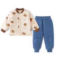 棉大班（MIANDABAN）寶寶夾棉保暖內衣套裝嬰兒秋冬三層薄棉加厚棉衣棉褲男女童冬裝新 咖色熊+深藍 130 CM