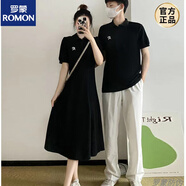 羅蒙高級感情侶裝短袖t恤刺繡小眾設(shè)計赫本風(fēng)polo連衣裙法式一裙一衣 黑色男+黑色女(重磅珠地棉) 男L+女2XL