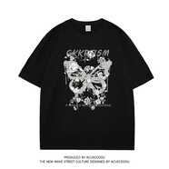 愛(ài)尚快魚男士短袖t恤高檔2024新款時(shí)尚復(fù)古玫瑰花蝴蝶涂鴉印花棉男女 黑色 S