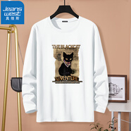 真維斯（Jeanswest）四季款男士長(cháng)袖T恤學(xué)生寬松透氣打底衫潮流正面櫻花款長(cháng)袖T恤男 白色（酷黑貓棕） 5XL (推薦190-210斤)