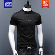 羅蒙（ROMON）雙絲光棉短袖t恤男潮牌修身冰絲中領(lǐng)半袖體恤男小高領(lǐng)純棉打底衫 黑色 M