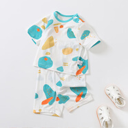 初心果嬰兒家居服男女兒童短袖九分褲兩件套兒童透氣吸汗超薄空調服睡衣 藍色2602（短袖九分褲） 66碼