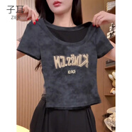 子耳2025搭配工裝褲的上衣女短袖配老爹褲牛仔直筒闊腿褲T恤正肩辣妹 黑色 M