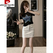 皮爾卡丹（pierre cardin）時(shí)尚流行牛仔短裙運(yùn)動(dòng)休閑套裝女夏裝2024新款韓流短袖氣質(zhì)兩件套 黑色上衣+白色半裙 S (100斤以內(nèi))