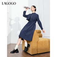 LAGOGO抽繩收腰文藝通勤連衣裙女拉谷谷春秋新款不對稱(chēng)設計a字裙 藏青色(M0) M