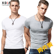續(xù)點 短袖t恤男圓領(lǐng)夏修身健身緊身運動韓版休閑棉質(zhì)純色打底彈力汗衫 白色+花灰色 2XL 碼140-152斤左右修身版型