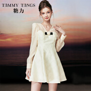 糖力【商場(chǎng)同款】貴氣千金春秋新款歐根紗長(cháng)袖收腰提花連衣裙女 杏色 L