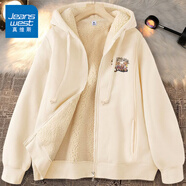 真維斯（JEANSWEST）羊羔絨外套女裝秋冬季新款加絨加厚開衫衛(wèi)衣女冬天女生保暖棉衣服 米色 復(fù)古故事書_K S