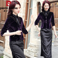 皮爾卡丹（pierre cardin）旗袍外搭開(kāi)衫春秋款2025年新款金絲絨小披肩女高貴短款小西裝外套 深紫色 XL