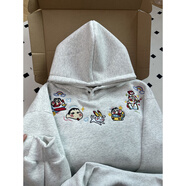 辰衣純美式可愛趣味蠟筆小新刺繡連帽衛(wèi)衣女2024秋冬加絨加厚學(xué)院風(fēng)外套 白灰色（薄款優(yōu)質(zhì)版） XL