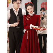 塞德勒敬酒服新娘2025新款冬季酒紅色訂婚禮服女厚款結婚回門(mén)便裝高端 酒紅色長(cháng)款 M