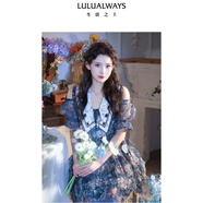 LULUALWAYS【商場(chǎng)同款】24夏季新款優(yōu)雅露肩提花歐根紗收腰連衣裙 藍(lán)色 S