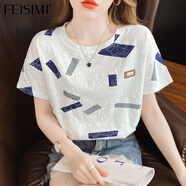 菲思蜜輕奢品牌短袖t恤女衣服女裝休閑夏季新款2025夏裝服飾寬松上衣 藍(lán)色方塊 S