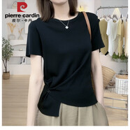 皮爾卡丹高端歐貨冰絲針織衫正肩短袖T恤女夏季不規則歐洲站上衣洋氣小衫 黑色 【短袖t恤女2024新款夏季】 2XL 【130-145斤】【歐洲站歐貨