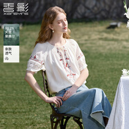 香影度假民族風(fēng)天絲白色上衣女2025夏裝新款櫻桃刺繡v領(lǐng)系帶上衣 米白 M 160/84A/95-110斤