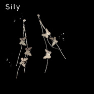 思梨日韓風(fēng)超仙無(wú)耳洞耳夾立體蝴蝶耳釘女新款顯臉瘦長(cháng)款流蘇鏈條耳環(huán) 銀針【耳釘】一對