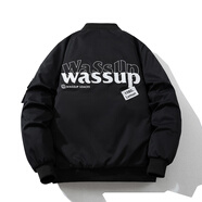 美式復古寬松加厚棒球棉服飛行員夾克男女情侶bf上衣冬季潮牌外套 黑色【冬季棉衣款】無(wú)帽 3XL