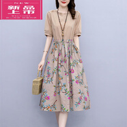 皮爾卡丹（pierre cardin）棉麻連衣裙棉綢碎花拼接女2025夏季薄款收腰顯瘦時(shí)尚減齡中長款大 卡其色 M 90-110斤