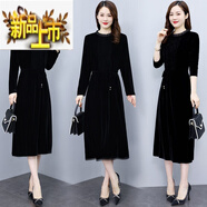 初徑金絲絨長(cháng)袖連衣裙半高領(lǐng)新款女赫本風(fēng)復古高貴黑色長(cháng)裙 黑色 M 90-110