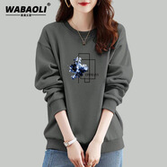WABAOLI高端品牌 純棉圓領印花套頭長袖衛(wèi)衣女秋冬季款大碼韓版寬松顯瘦 煙灰色春秋款 2XL 建議體重130-145斤