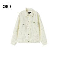 森馬森柔牛仔森馬牛仔外套女滿(mǎn)印春秋寬松夾克潮流 奶白10501 150/76A/XS