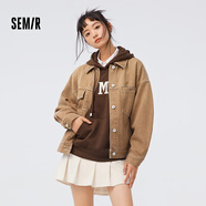 森馬森柔牛仔森馬牛仔外套女滿(mǎn)印春秋寬松夾克潮流 淺駝50028 160/84A/M