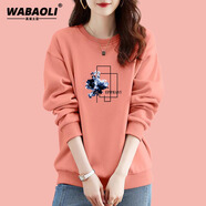 WABAOLI高端品牌 純棉圓領印花套頭長袖衛(wèi)衣女秋冬季款大碼韓版寬松顯瘦 暖橘色春秋款 S 建議體重80-98斤