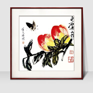 紫騰隨軒齊白石裝飾畫(huà)新中式客廳背景墻面掛畫(huà)臥室飯廳餐廳水墨蝦壁畫(huà) 蝴蝶壽桃 40*40cm紅木色實(shí)木框