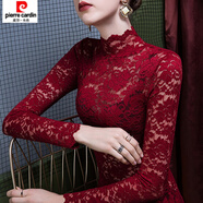 皮爾卡丹（pierre cardin）2024秋冬立領(lǐng)蕾絲打底衫女網(wǎng)紗修身冬季高領(lǐng)洋氣小衫女裝加絨上衣 大紅色 常規(guī)款 M