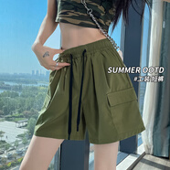 朵沐縵美式速干闊腿工裝短褲女2024夏薄款大碼高腰顯瘦小個(gè)子休閑五分褲 軍綠色 M(80-100斤選擇)