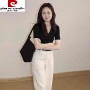 皮爾卡丹（pierre cardin）黑色正肩v領(lǐng)針織polo衫短袖t恤女夏季2026年新款修身短款半袖上衣 黑色 M