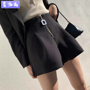 麥潮尚單兩件裝毛呢短褲女秋冬a字高腰顯瘦百搭褲子冬季外穿靴褲女 黑色 單件裝 L -115斤