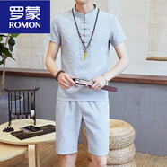 羅蒙（ROMON）夏季新款棉麻男套裝亞麻短袖t恤休閑半袖唐裝漢服體恤中國風(fēng)服飾V 1307灰色【短袖+短褲】 4XL