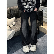 POUM美式高街嘻哈Vibe風(fēng)復古潮做舊牛仔褲男拼接設計直筒闊腿長(cháng)褲子男 WKXS-K901黑色 XL