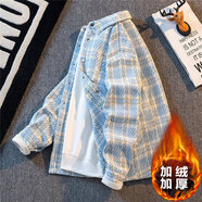 魯賓克小香風(fēng)格子外套男秋季美式潮牌寬松百搭ins潮流男學(xué)生夾克上衣服 S3300淺藍(lán)色加絨 XL