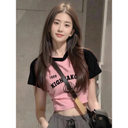 LDBE撞色短袖t恤女正肩甜辣妹美式設(shè)計感小眾修身收腰短款上衣春夏季 黑色拼粉色 M