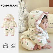小屁孩兒夢游仙境嬰兒連體羽絨服冬季連體衣保暖新生寶寶衣服冬裝外出棉服冬天超萌 粉色花朵羽絨爬服 66cm#建議10-15斤#