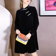 歌洛蓮歐洲站珍珠盤(pán)扣立領(lǐng)絲絨連衣裙2024春季氣質(zhì)女神范法式黑色大碼裙 220879#-黑色 S