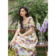 謎秀法式復古度假風(fēng)油畫(huà)碎花連衣裙2025春季顯瘦泡泡袖海邊度假沙灘裙 奈良藍花連衣裙 M