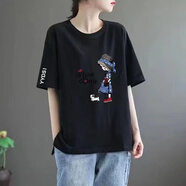 清倉撿尾單大牌剪標專(zhuān)柜撤回時(shí)尚潮流短袖中長(cháng)款印花t恤女 98黑色【小女孩】白袖 L 建議100-120斤