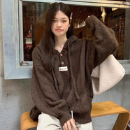 伴夕毛衣女2024新款女士打底衫衣服寬松慵懶風毛衣秋冬女內(nèi)搭針織衫女 JIL連帽毛衣-深咖