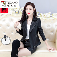 啄木鳥海寧真皮皮衣外套女春秋2024新款韓版修身顯瘦小皮衣女短款皮夾克 黑色加棉 M 建議85-95斤