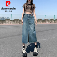 皮爾卡丹（pierre cardin）高腰開叉牛仔半身裙女2024新款夏季字裙包臀半裙小個子梨形長裙針 復(fù)古藍(lán)/雙扣皮牌長度 常規(guī) M