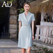 AD上鏡主持人正裝連衣裙女高級感不規則西裝裙夏季主播淺色職業(yè)裝 短袖藍色連衣裙 M